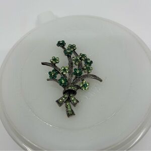 Elegant Green Rhinestone Floral & Bow Brooch